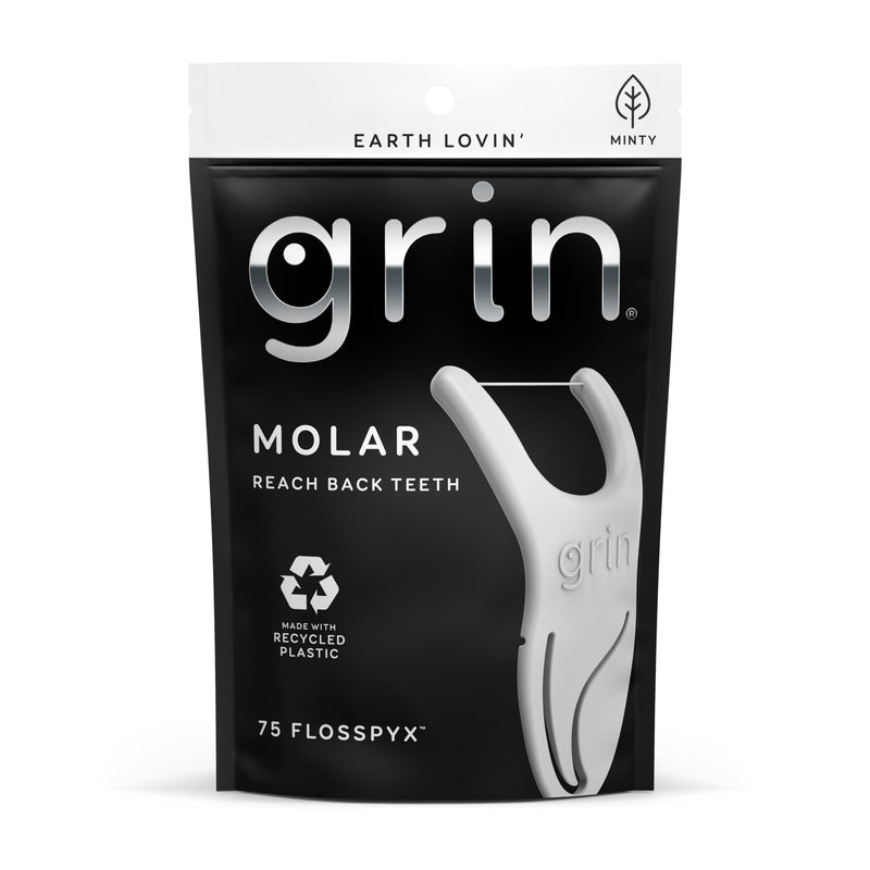 [Australia] - GRIN Molar Flosspyx, Floss Picks, 75 Count, Dental Flossers, Minty Flavor, Recycled Plastic, Great for Reaching Back Teeth, Slide Easily Between Teeth, Includes Safe Soft Fold-Back Tooth Pick 75 Foot (Pack of 1) 