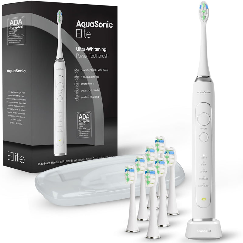 [Australia] - Aquasonic Elite Ultra-Whitening Toothbrush – ADA Accepted Power Toothbrush - 8 Proflex Brush Heads & Travel Case – 50,000 VPM Motor & Wireless Charging - 5 Modes w Smart Timer (White) White 
