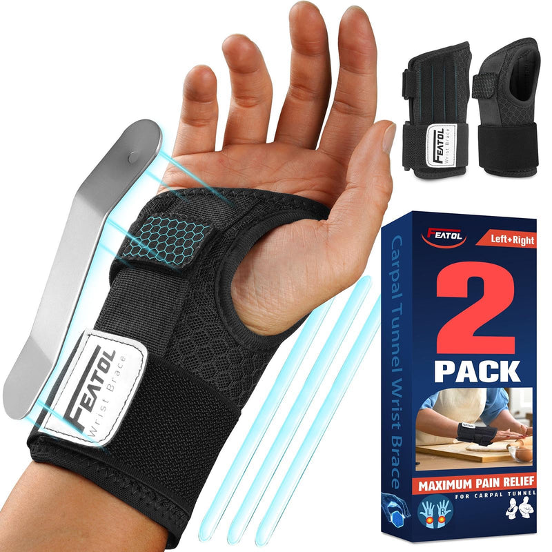 [Australia] - FEATOL 2 Pack Carpal Tunnel Wrist Brace For Work With Wrist Splint, Adjustable Wrist Guard Daytime Support For Women Men, Pain Relief For Pregnancy, Typing, Arthritis, Tendonitis, Right Hand Left Hand Medium 2 Pack (R and L)-Black. 