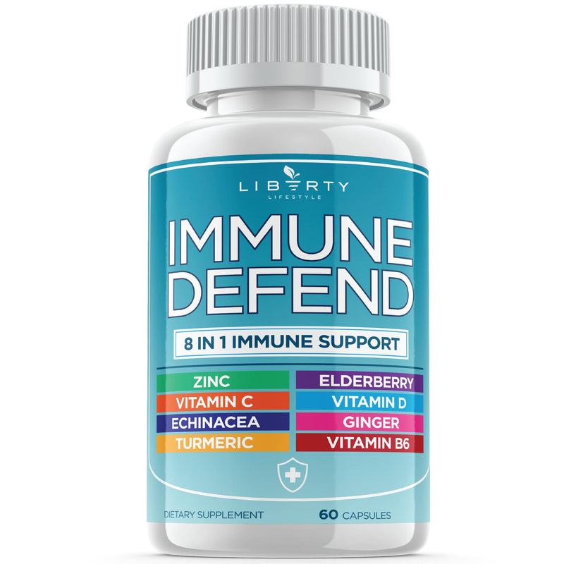 [Australia] - 8 in 1 Immune Defense Support, Immunity Capsules Supplement Booster with Echinacea Zinc 50mg, Vitamin C, D3 5000 IU, Turmeric Curcumin & Ginger, Echinacea - Allergy Relief for Kids Adults (1 Pack) 60 Count 