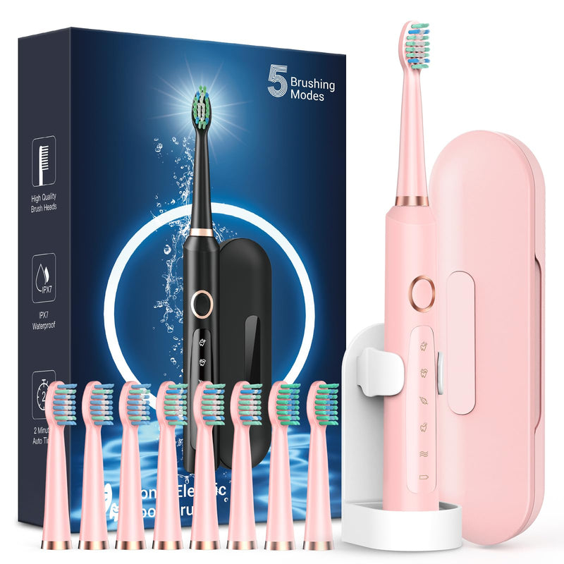 [Australia] - Sonic Electric Toothbrush for Adults - Rechargeable Electric toothbrush with 8 Brush Heads & Travel Case,Teeth Whitening , Power Electric Toothbrush with Holder, 3 Hours Charge for 120 Days - Pink 1 Count (Pack of 1) 