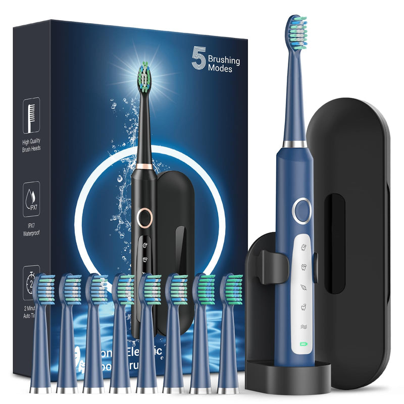 Rtauys Sonic Electric Toothbrush for Adults - Rechargeable, 41,000 Vibrations per Minute, Teeth Whitening, 8 Brush Heads, 24 Months of Usage, Blue 1 Count (Pack of 1)