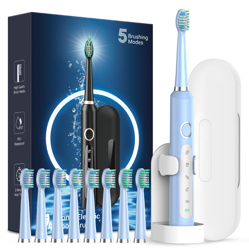 Rtauys Rechargeable Sonic Electric Toothbrush for Adults with 8 Heads, Travel Case, Whitening - Light Blue
