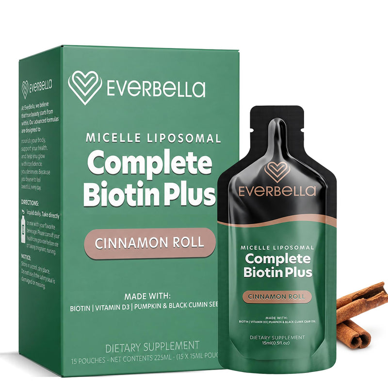 Complete Biotin Plus Liposomal Liquid Pouches with Pumpkin Seed Oil, Black Cummin Seed Oil & Vitamin D3 | Supports Nail, Skin & Hair Growth | Cinnamon Roll Flavor | 15-Day Supply