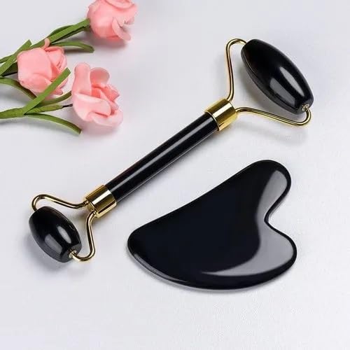 Black Obsidian Jade Facial Roller & Gua Sha Set 100% Natural Source from Highest Altitude of Himalayan Two-Sided Face Neck Massager Stone Beauty Tool Black Obsidian