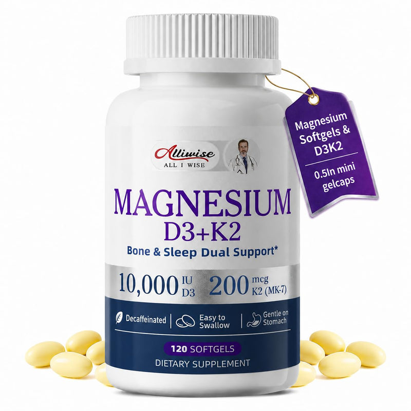 Magnesium Glycinate Softgels with D3 K2 Vitamin 10000 iu, 120 Gelcaps | Magnesium Glycinate Complex Small Pills, Easy to Swallow Support Daily Calcium, Sleep, Immune Health for Women/men 400mg 120 Count (Pack of 1)