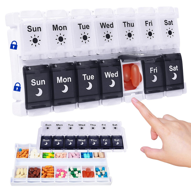 [Australia] - HRX Package Large Pill Organizer 2 Times a Day, Push Button Weekly Medicine Box Vitamin Cases for 7 Day AM PM Black and White 