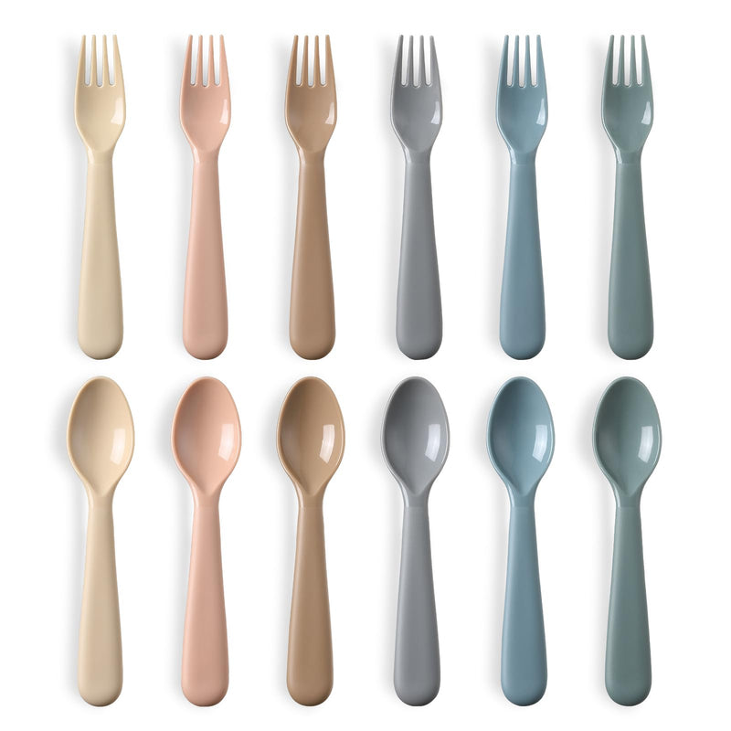 [Australia] - 12 Pieces Toddler Utensils Set, Plastic Spoons and Forks Set for Kids, Children Safe Flatware, Plastic Reusable Cutlery, BPA Free, Dishwasher Safe Neutral 