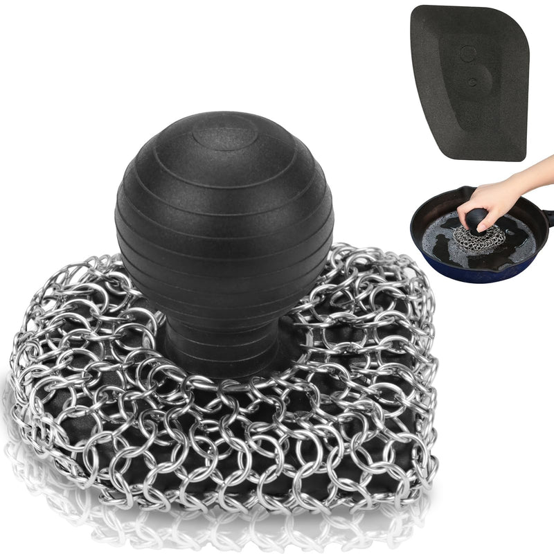 [Australia] - Cast Iron Scrubber with Pan Scraper, 316 Chainmail Scrubber, Upgraded Chain Mail Scrubber Sponge, Cast Iron Cleaner for Grill Pan Skillet Wok Carbon Steel, Dutch Oven Metal Brush Cleaning Kit, Black 