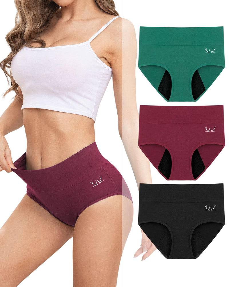 [Australia] - Heavy Flow High Absorbency Period Underwear Women, Leakproof Panties Postpartum Menstrual Hipster Briefs Teens 3 Pack Medium Black+red+green 