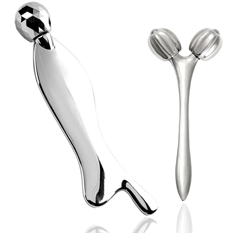 Face & Body Roller Massager - Guasha Tool for Face, Neck & Eyes, Stainless Steel, Chin Lift, Skin Tightening (Silver White) Silver White