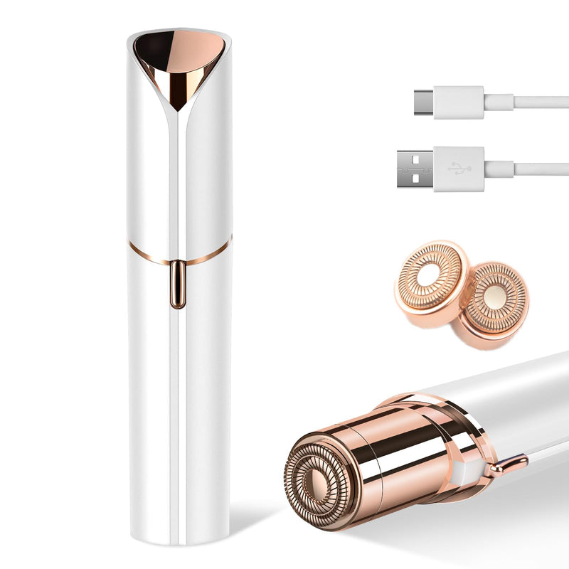 [Australia] - Facial Hair Removal for Women- as Seen on TV Painless Face Shaver -Painless Womens Facial Hair Remover with 2 Replacement Heads, Lipstick-Sized, USB Rechargeable（White） white 
