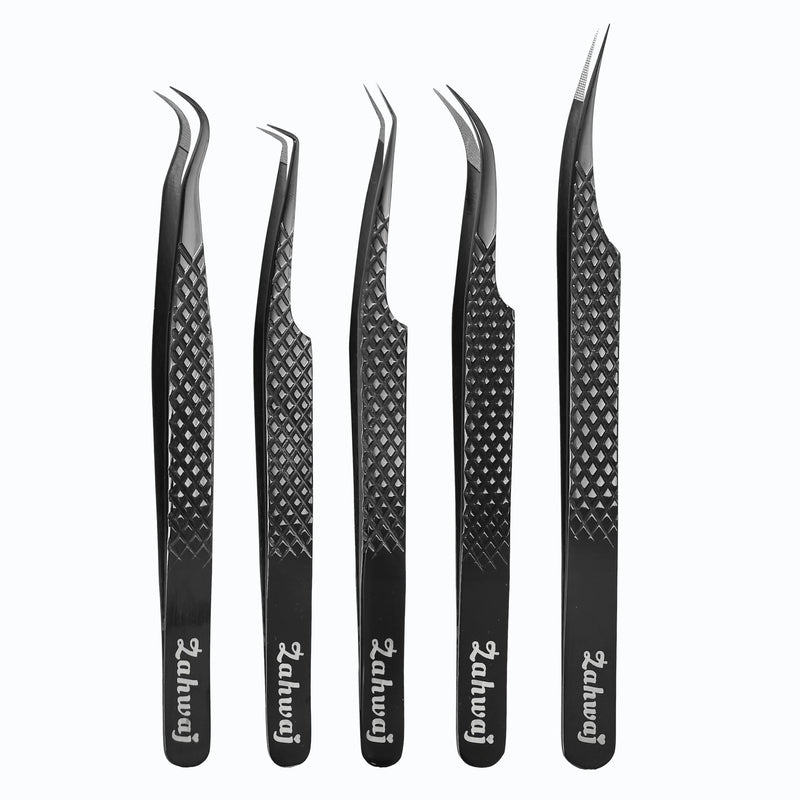 Fiber Tip Lash Tweezers - Set of 5 Diamond Grip Eyelash Extension Tweezers, Japanese Stainless Steel Tweezers Set for Volume, Isolation & Classic Lashes (Black) Black