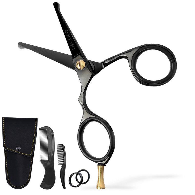 [Australia] - Ontaki Mustache Scissors - 4.2" Black Japanese Steel - Beard & Nose Hair Trimming Scissors for Men - Rounded Tip Ergonomic Handles - Hand-Forged Mustache Grooming Kit Black 4.2" 
