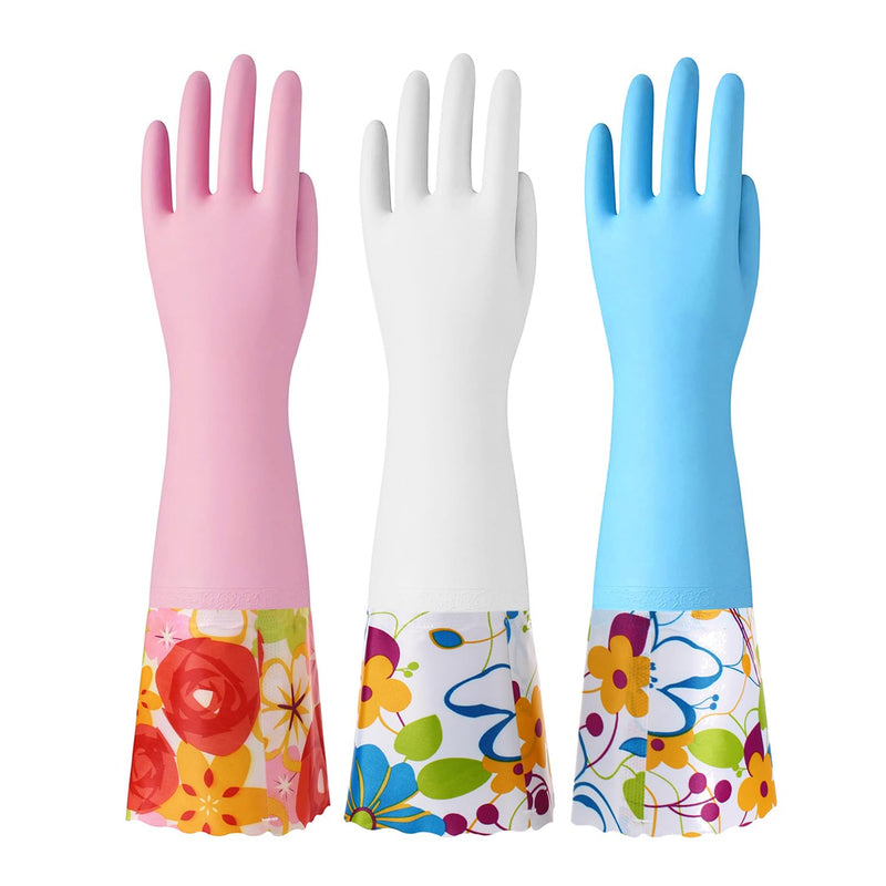 [Australia] - Bamllum 3 Pairs Rubber Cleaning Gloves, Household Kitchen Dishwashing Gloves with Cotton Flocked Liner, Long Cuff 16 Inches, Reusable, Non-Slip (Medium, Blue+Pink+White) Medium 