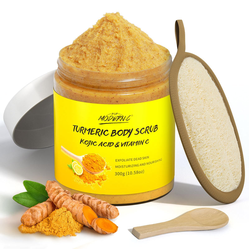 [Australia] - POP MODERN.C Turmeric and Vitamin C Body Scrub Remove Dead Skin Improve Dark Spots Acne Natural Organic Exfoliating Deep Cleansing Exfoliator for Body Butt Bikini Area Body Care with Loofah 
