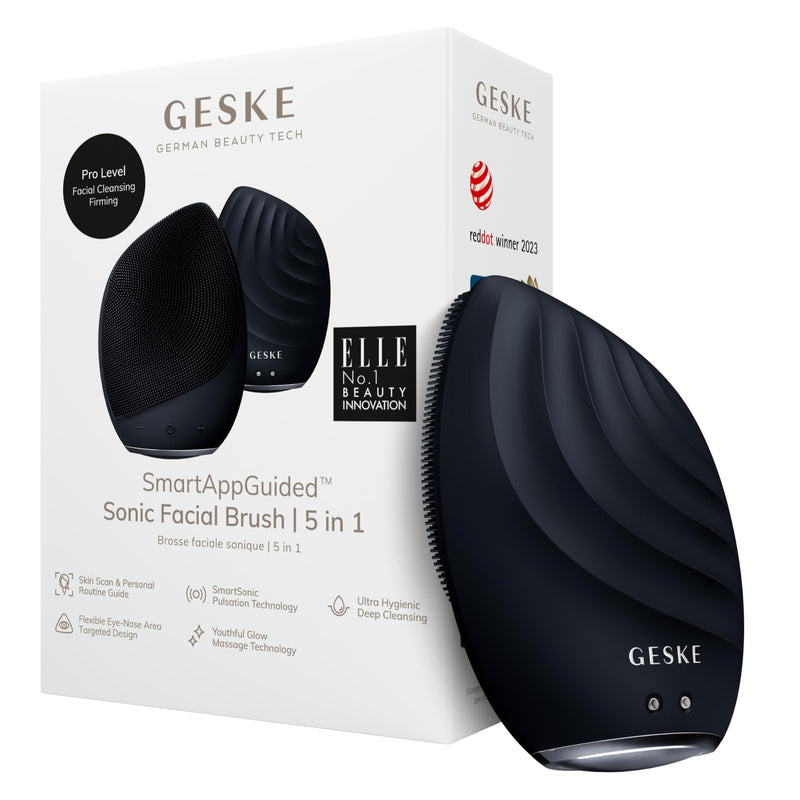 GESKE SmartAppGuided Sonic Facial Brush 5 in 1 | Vibrating Electric Cleansing Brush | Soft Silicone | Professional Cleanser | Skin Exfoliator | Face Massager Black
