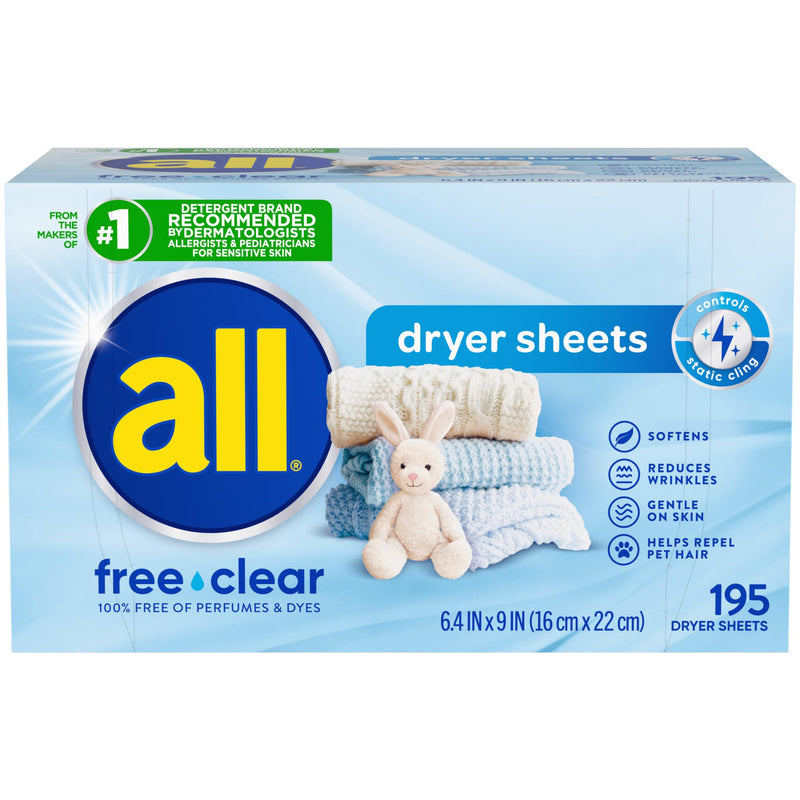 [Australia] - all Fabric Softener Dryer Sheets for Sensitive Skin, Free Clear, 195 Count 