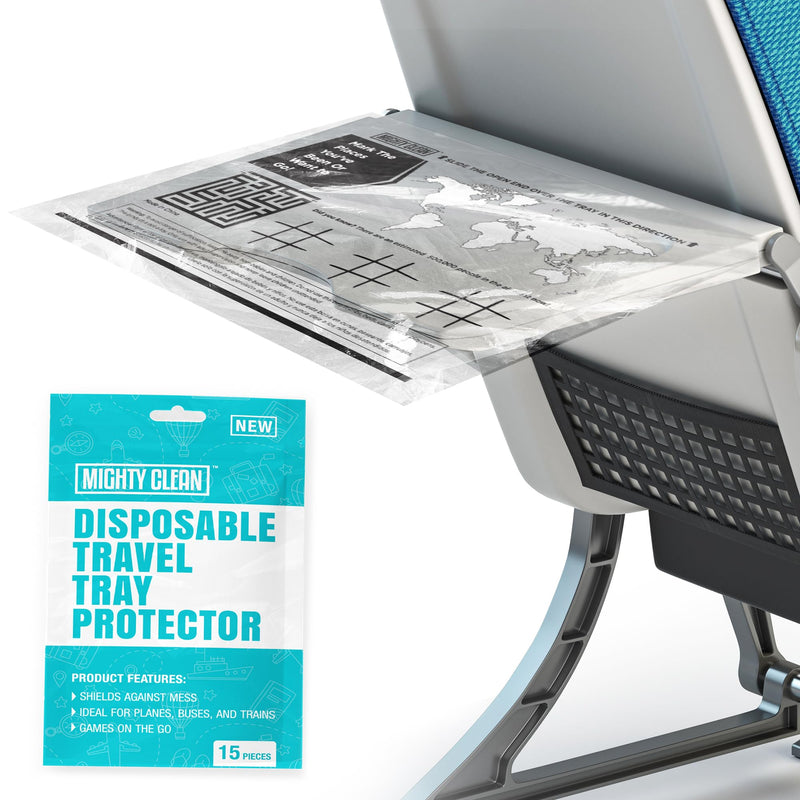 [Australia] - 15 Disposable Travel Tray Protectors by Mighty Clean │ Airplane Travel Essentials for Toddler, Kids, and Adults │ Must Have for Flying │ Provides a Clean Surface and Entertainment │ 15 Pack 
