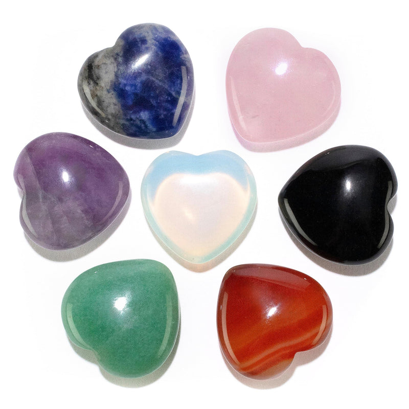 KALIFANO 7 Gemstone Heart Carvings Bundle - High Energy Reiki Crystals (Amethyst, Aventurine, Carnelian, Obsidian, Opalite, Rose Quartz, Sodalite) with Healing Properties