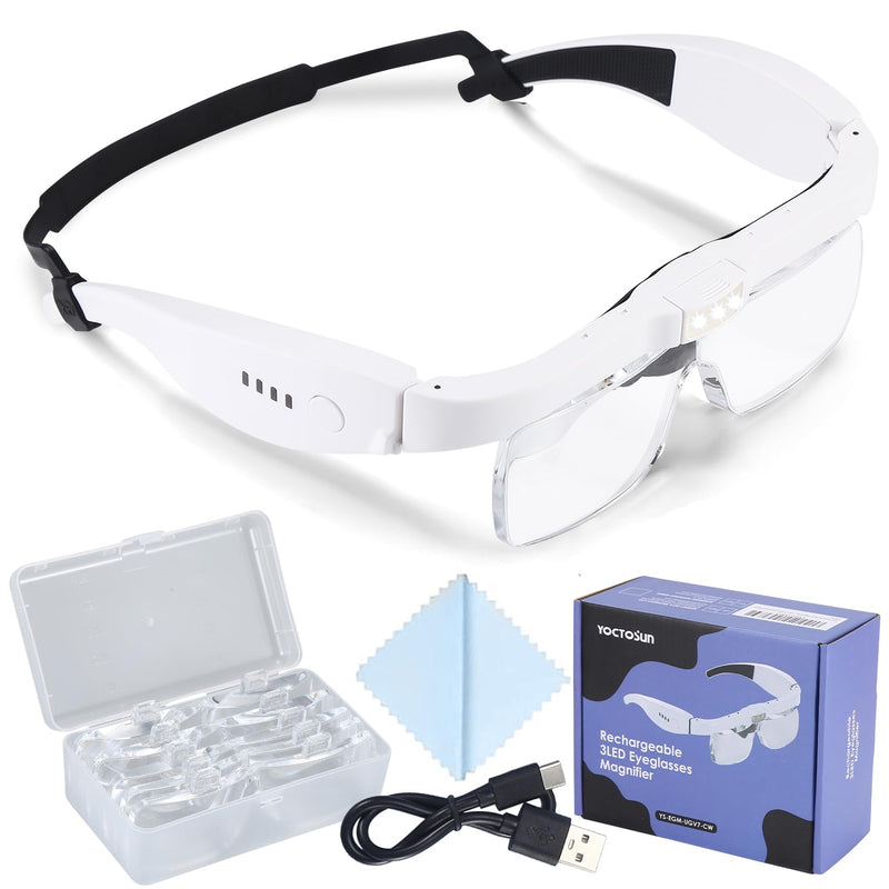 [Australia] - YOCTOSUN Head Magnifier Glasses with 3 LED Lights and Detachable Lenses 0.75X, 1.25X,2.0X, 3.0X and 4.0X, USB Charging Eyeglasses Magnifier, Magnifying Glasses with Light for Close Work Hobby Crafts White USB Rechargeable 