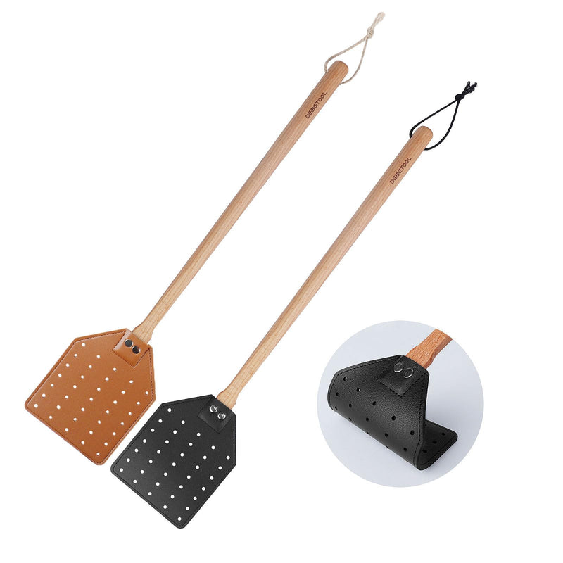 [Australia] - 2 Pack Sturdy Leather Fly Swatter for Indoors - (19.7”)Long Handle Heavy Duty Wood Fly Swatter With Hanging Rope, Durable Fly Swatter for Outdoor Rustic Bug Swatter Flies,Mosquitoes And Bees Brown 