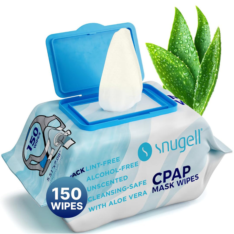 [Australia] - Snugell Unscented Travel CPAP Mask Wipes Antibacterial (150 Count) ‚Äì100% Soft Cotton‚Äì Lint & Alcohol-Free,Skin Safe with Aloe Vera ‚Äì Easy Opening CPAP Cleaner and Sanitizer for Masks, Tubes & Devices 150 Count (Pack of 1) 