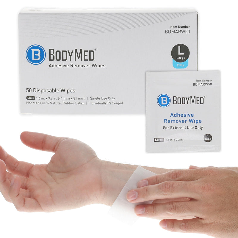 [Australia] - BodyMed Adhesive Remover Wipes - Skin Cleaning Wipes for Removing On-Skin Adhesives, Skin Barriers, Tape, and Hydrocolloid Dressings - 1.6 x 3.2 Inch Wipes - 50 Wipes Per Box 