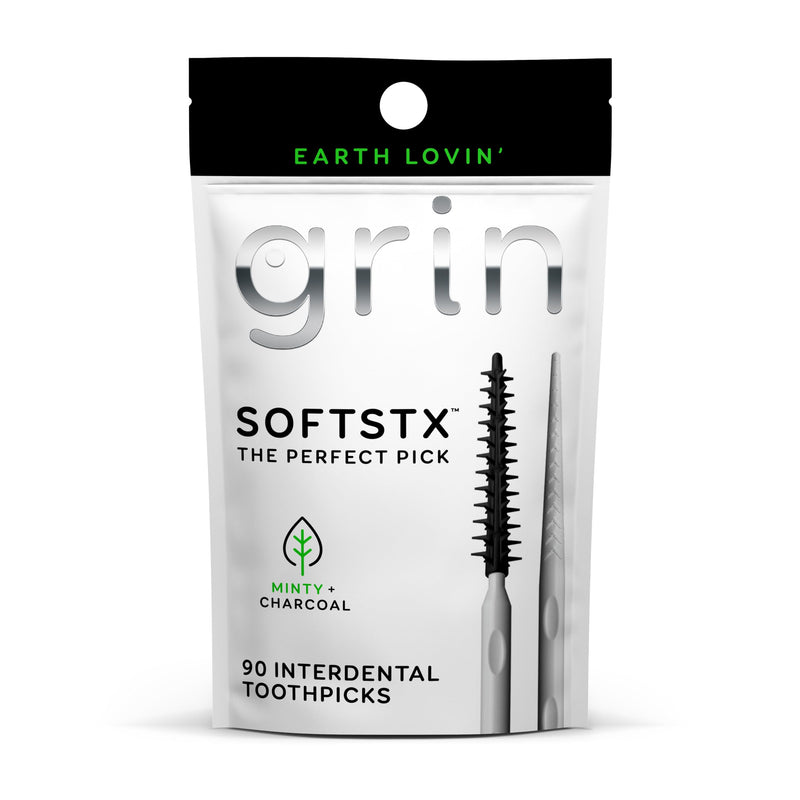 [Australia] - Grin Charcoal Infused Softstx, Gentle Dental Picks, 90 Count, Soft Flexible Bristles, Textured Plaque Removing Toothpick, Minty Flavor, for Between Teeth, Refillable Hygienic Case 90 Count (Pack of 1) 