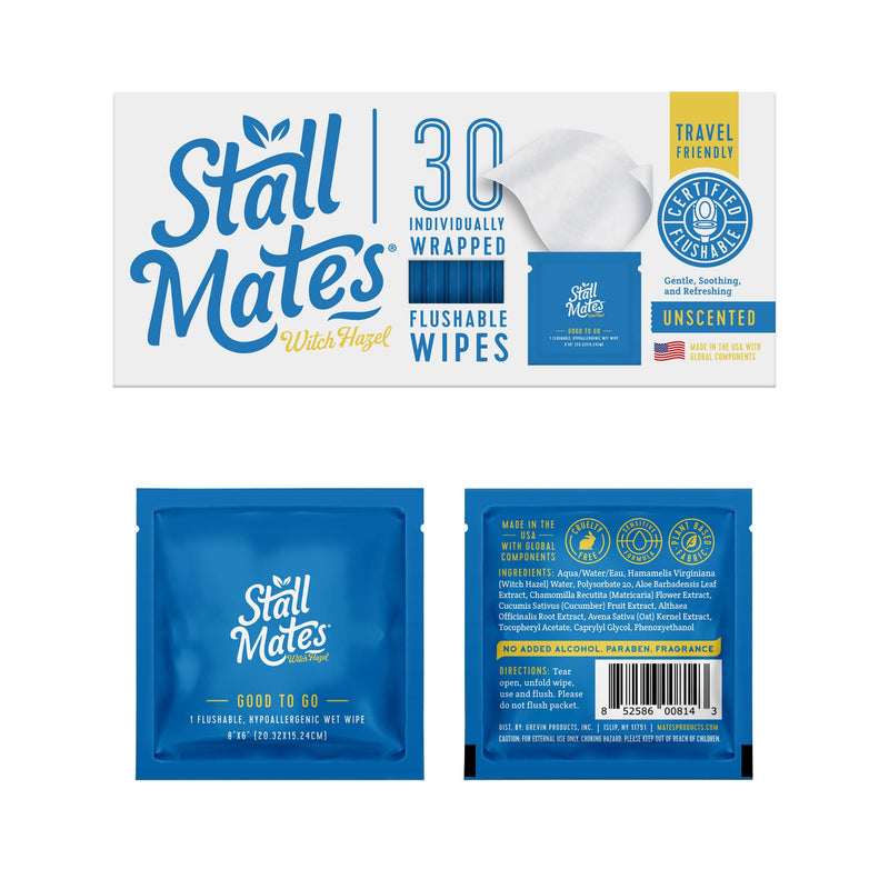 [Australia] - Stall Mates Wipes Witch Hazel: Flushable Wipes | Individually Wrapped | Travel Friendly | Soothing Witch Hazel | Unscented with Cucumber, Aloe and Chamomile | (30 on-the-go singles) 
