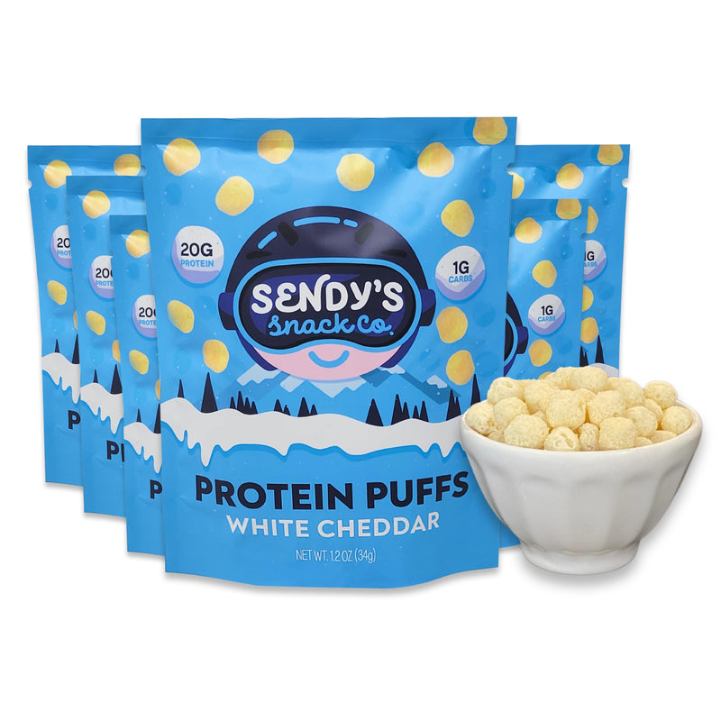 [Australia] - Sendy’s Protein Puffs, Protein Cheese Puffs | High Protein Snack, Keto Snack, Low Carb, Gluten Free, 20g Protein, 1g Carbs | White Cheddar, 6 Pack 