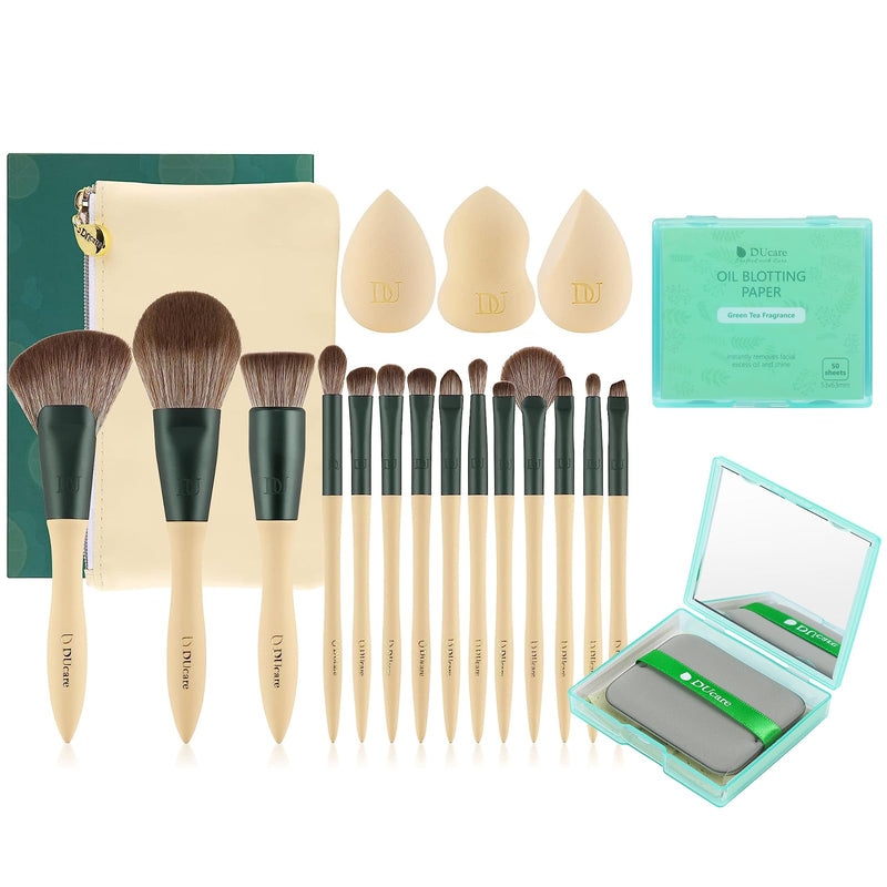 DUcare Makeup Brushes 14Pcs with 3Pcs Makeup Spong & Cosmetic Bag &Oil Blotting Sheets for Face