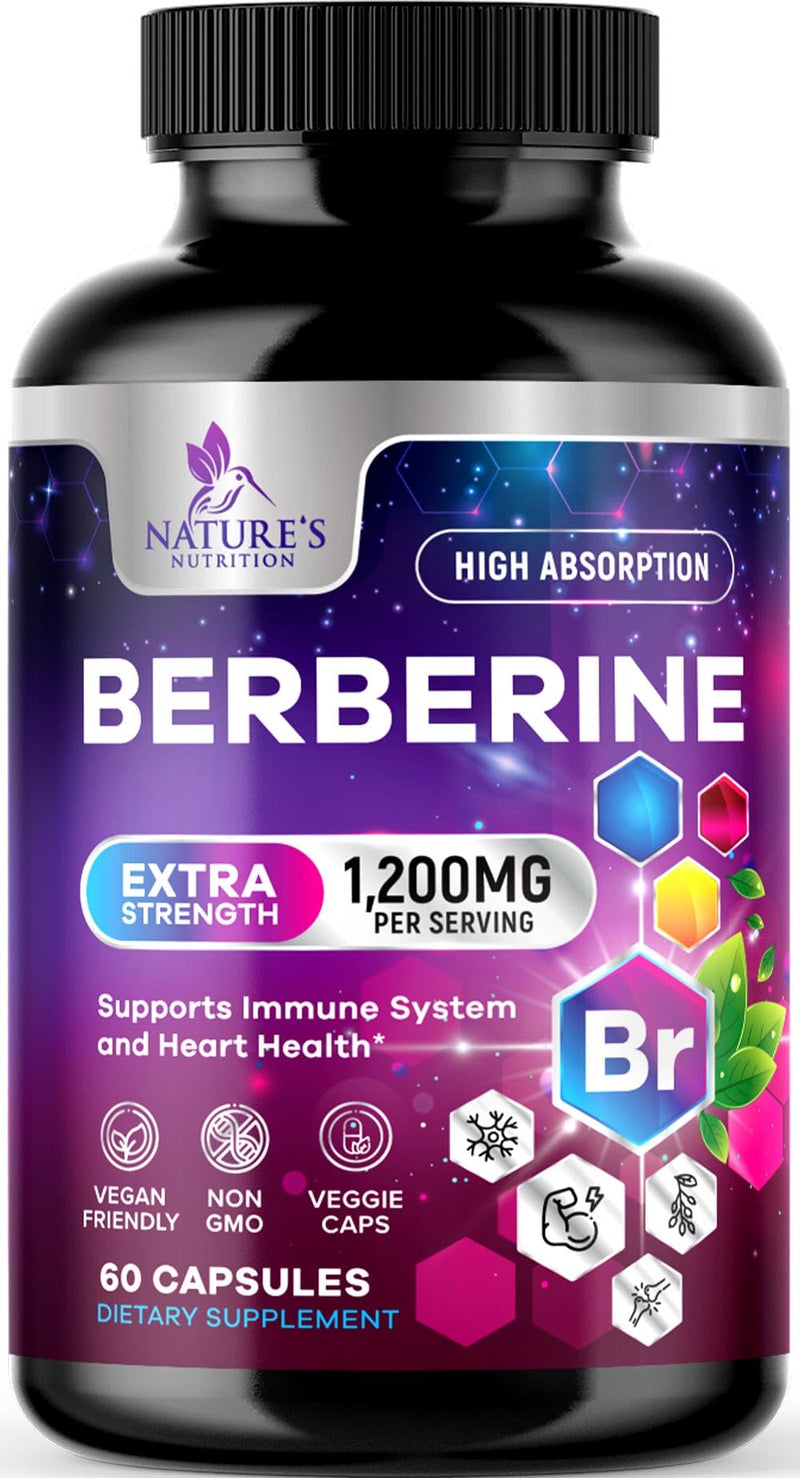 [Australia] - Berberine HCL 1200mg Supplement - Berberine HCI Capsules High Absorption Supplement for Heart Health & Immune Support, High Strength, Gluten-Free, Vegan, Non-GMO Pills - 60 Veggie Capsules 60 Count (Pack of 1) 