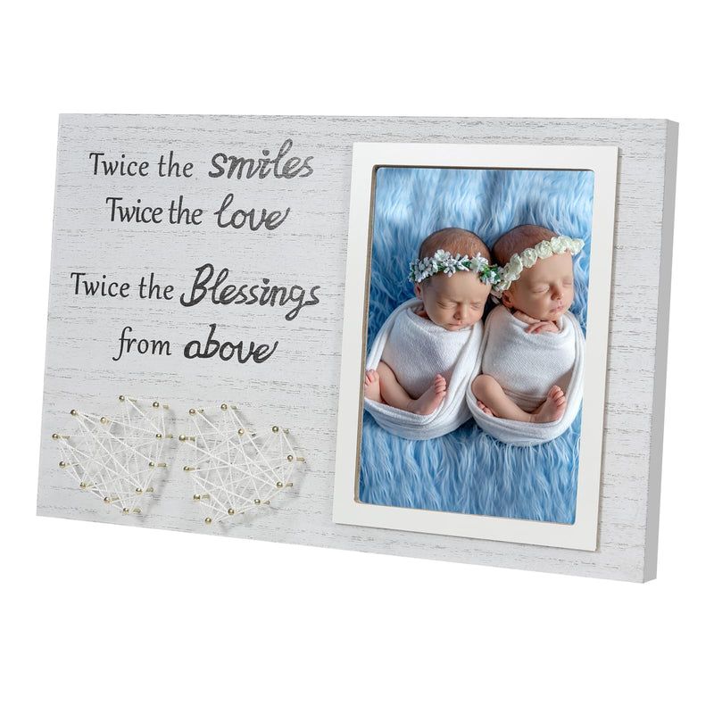 [Australia] - Twin Sister Keepsake Picture Frame - Gift for Twin Sisters Shower with The Words"Twice The Smiles, Twice The Love, Twice The Blessings from Above" 2 Heart Shaped 4 X 6 Frame with Black Text,Wood Twins Picture Frame 