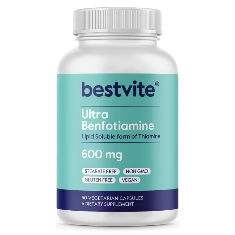 BESTVITE Ultra Benfotiamine 600mg per Capsule (60 Veg Caps) - No Stearates | Vegan - Non GMO - Gluten Free - Fat Soluble Vitamin B1 - Vitamin B1 Thiamine Supplement - Maximum Strength Benfotiamine 60 Count (Pack of 1)