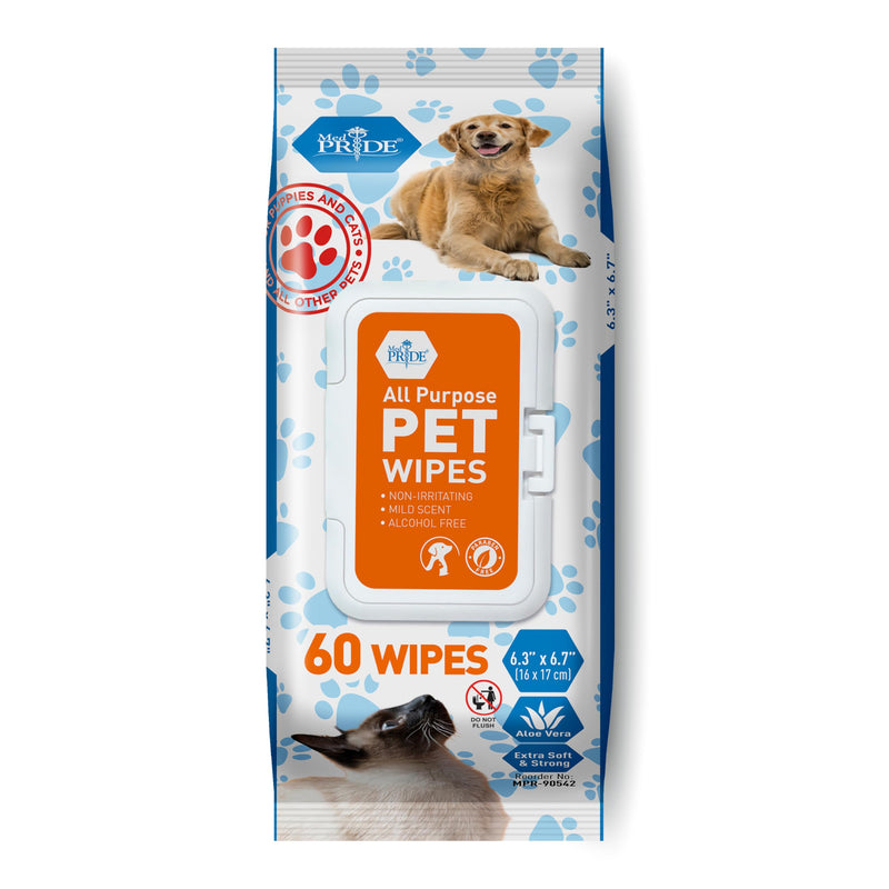 MED PRIDE Pet Wipes for Dogs & Cats [Pack of 60]- Hypoallergenic Cleaning Deodorizing Dog Wipes with Aloe Vera- Alcohol and Paraben-Free Pet Wipes- Extra Soft Cat Bathing Wipes for Fur Pack of 60 - PawsPlanet Australia