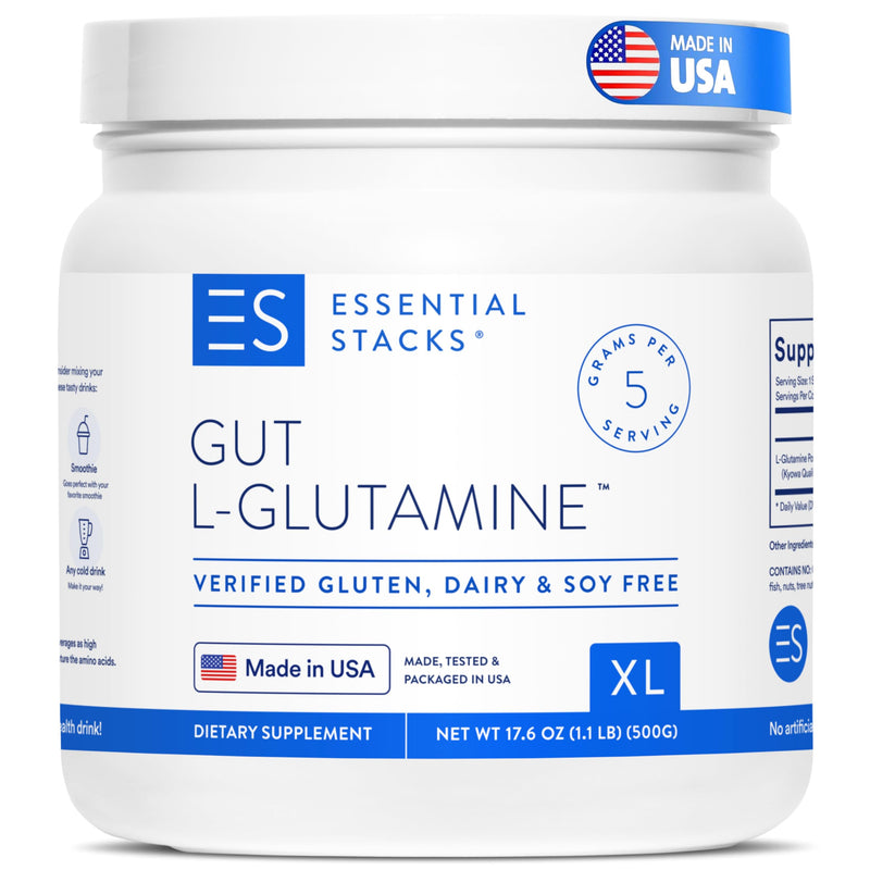 [Australia] - Essential Stacks Gut L Glutamine Powder XL (500 grams) - Made in USA, Non-GMO, Gluten Free, Vegan, Unflavored (100 Servings) 