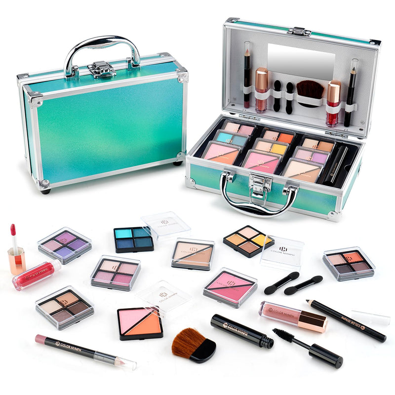 [Australia] - Color Nymph Beginner Makeup Kits For Teens With Train Case Included Full Makeup Kit Eyeshadow Palette Blushes Bronzer Highlighter Lipstick Brushes Mirror (Green) (Green) 