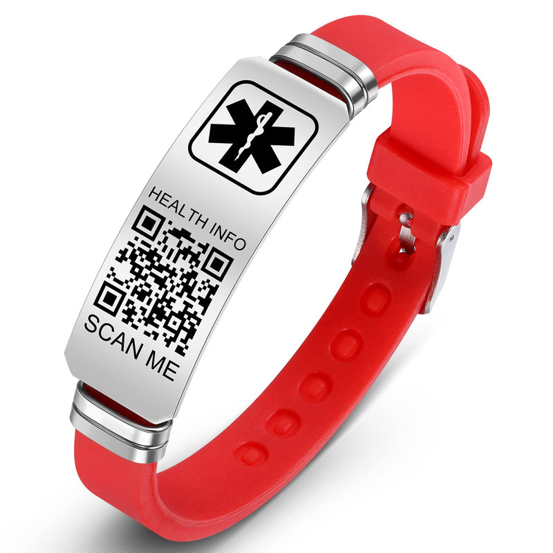 [Australia] - Medical Bracelets for Men Women with QR Code Medical Alert ID Bracelets for Sport Travel - Silicone Waterproof Wristband Fits Wrists Up to 8 inches - More Space Custom Emergency Medic ID Alert Information 9'' Folding Buckle+Adjustable dial - Red 