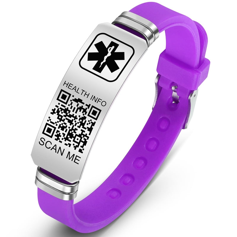 [Australia] - Medical Bracelets for Men Women with QR Code Medical Alert ID Bracelets Sport Boy Girl - Silicone Waterproof Wristband Fits Wrists Up to 9 inches - More Space Custom Emergency Medical ID Alert Information 9'' Folding Buckle+Adjustable dial - Purple 