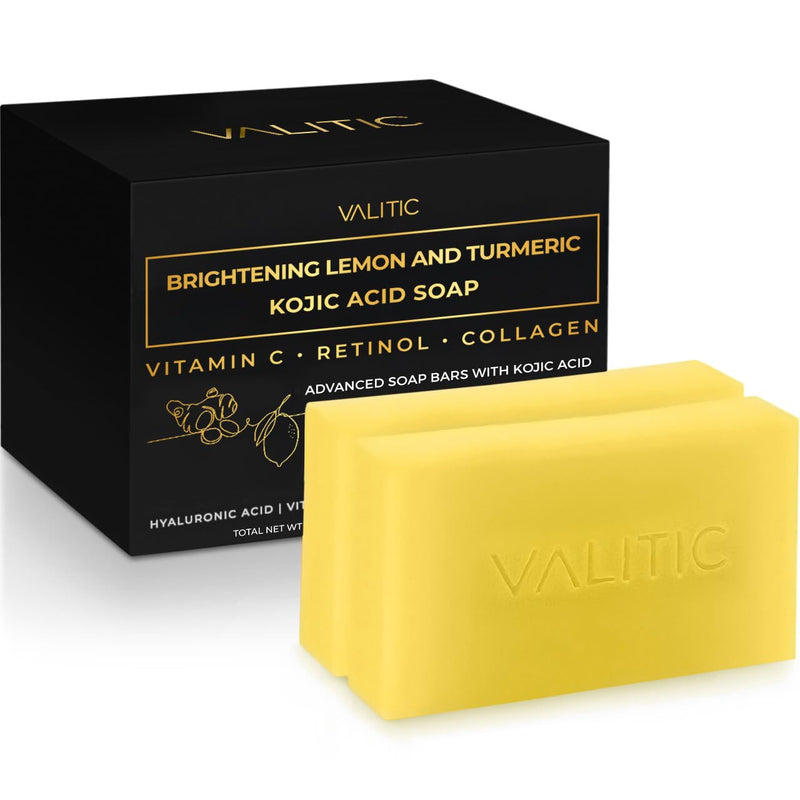 VALITIC Brightening Lemon & Turmeric Kojic Acid Soap with Vitamin C, Retinol, Collagen - Original Japanese Complex Infused with Hyaluronic Acid, Vitamin E, Shea Butter - Dark Spot Corrector (2 Pack) 2 Pack