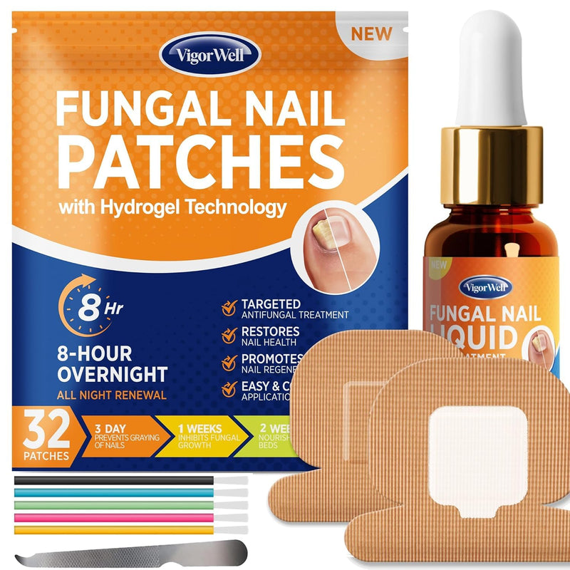 Toenail Fungus Treatment Extra Strength - Nail Fungus Treatment For Toenail Extra Strength - Nighttime Nail Patches & Nail Treatment Liquid Set (32patches+15ml) 32 PCS Medium Patches + 15mL Liquid