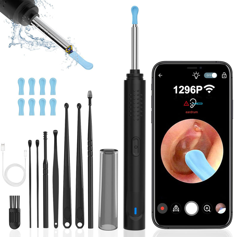 [Australia] - Ear Wax Removal, Ear Cleaner with Camera with 1296P, Earwax Removal kit with 9 Ear Pick and 8 Traditional Tools, Built-in WiFi IP67 Waterproof, Ear Cleaning Kit for iPhone,iPad,Android(black) Black 