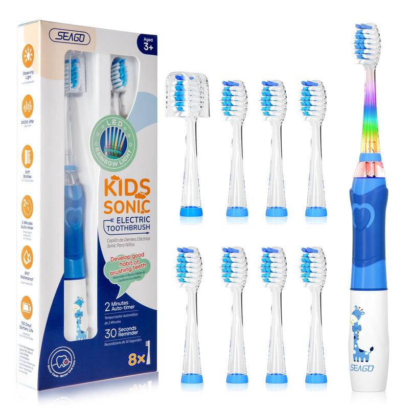 [Australia] - SEAGO Kids Electric Toothbrush with 2 Mins Brushing Timer and 8 Replacement Bursh Heads,Rainbow LED Light Make Brushing Fun, Blue Color Boys Battery Powerd Toothbrush for 4-12 Years Old 