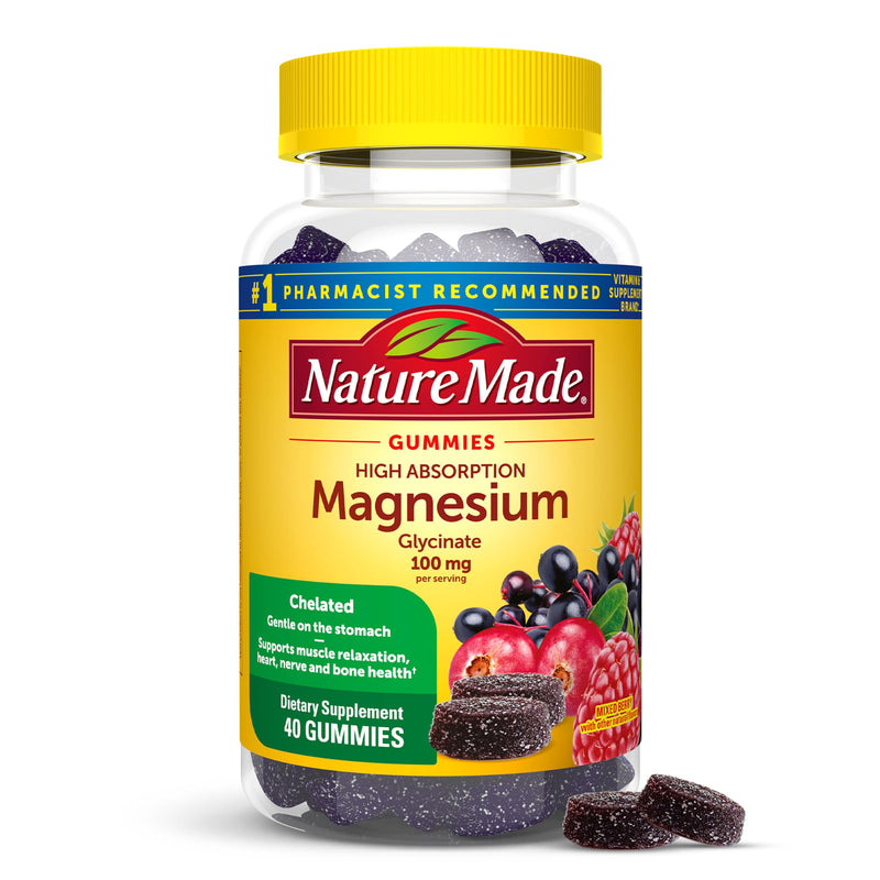 Nature Made High Absorption Magnesium Glycinate Gummies, 40 Count | Magnesium Supplement 100 mg per Serving for Muscle, Nerve, Bone and Heart Support, Magnesium Gummies, 20 Day Supply 40 Count (Pack of 1)