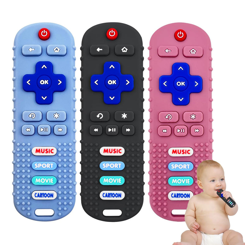 [Australia] - 3 Pack Remote Control Shape Silicone Teethers for Babies Chew Toys, Teething Toys for Infant Toddlers,Baby Remote Control Toy (Black&Blue&Pink) Black&Blue&Pink 