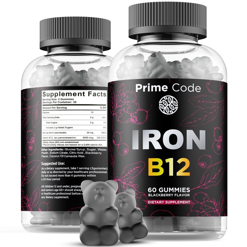 Vitamin B12 Gummies for Women & Men, 20mg Iron Supplement for Adults, Free Blood Builder for Anemia, Vitamin B12 Gummies with Iron & Natural Blackberry Flavor, Vegan, Non-GMO, 30 Day Supply