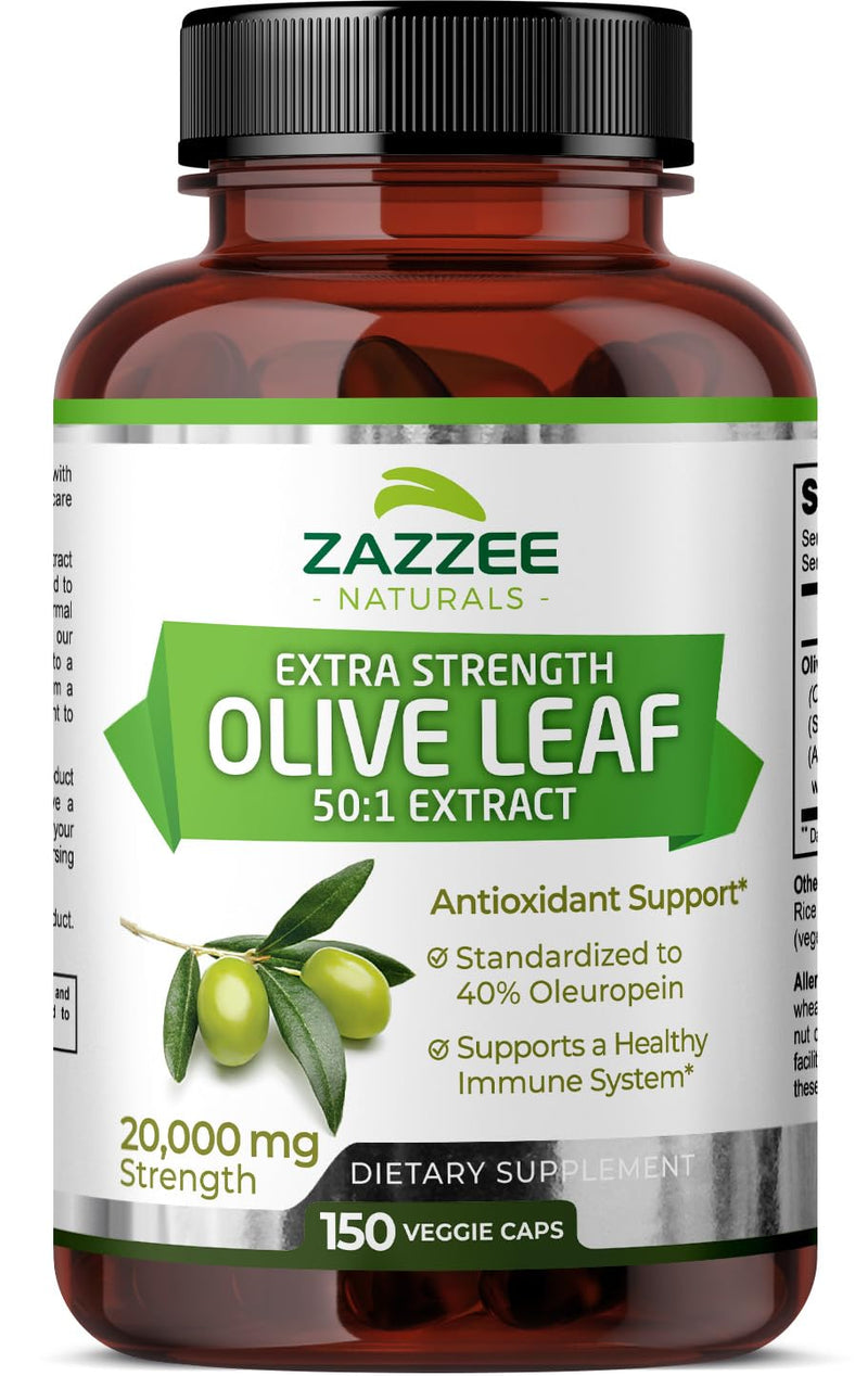 [Australia] - Zazzee Extra Strength Olive Leaf 50:1 Extract, 20,000 mg Strength, 40% Oleuropein, 150 Vegan Capsules, 5 Month Supply, Concentrated and Standardized 50X Extract, 100% Vegetarian, Non-GMO, All-Natural 