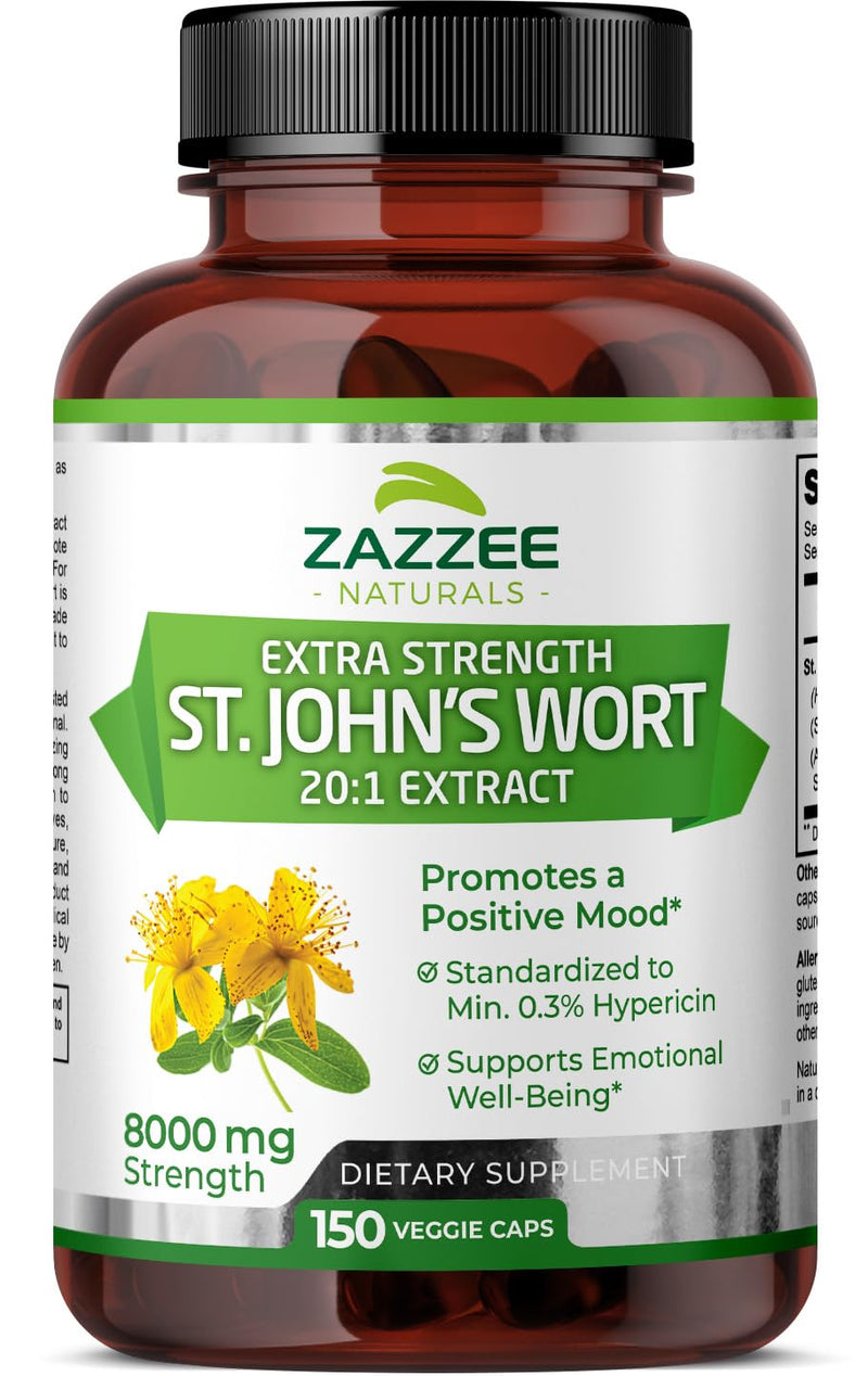 [Australia] - Zazzee Extra Strength St. John’s Wort 20:1 Extract, 8000 mg Strength, 0.3% Hypericin, 150 Vegan Capsules, 5 Month Supply, Concentrated, Standardized 20X Extract, 100% Vegetarian, Non-GMO, All-Natural 