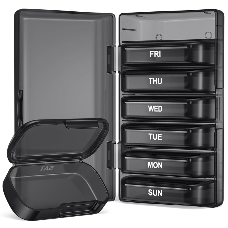 [Australia] - PULIV Pill Organizer with Large Capacity, Dual Protection Pill Box 7 Day, Arthritis Friendly Pill Case Easy to Open, Weekly Medicine Organizer for Vitamins, Medications, Fish Oils, Supplements (Black) Black 
